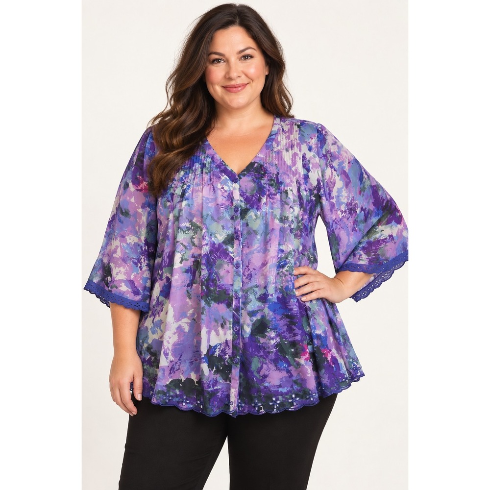 Denim 24/7 Women's 32W Purple Floral Sheer Tunic Blouse Bell Sleeve Plus
